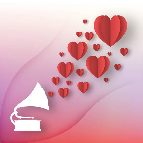 Corações Vermelhos Com Gramofone Branco Fundo Colorido Elementos Papel Elegante — Vetor de Stock