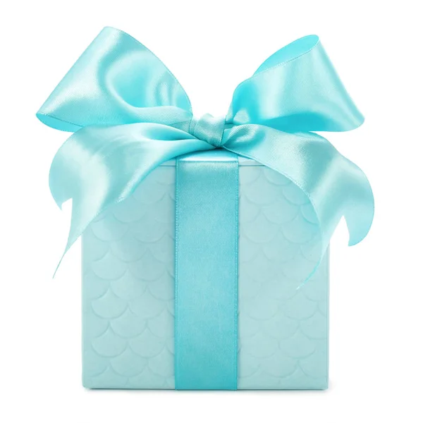 Blue gift box with bow isolated on white — Stock Photo, Image
