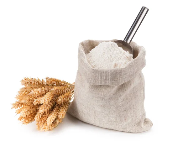 Bag of whole flour and bunch  wheat on white background. — Stock Photo, Image