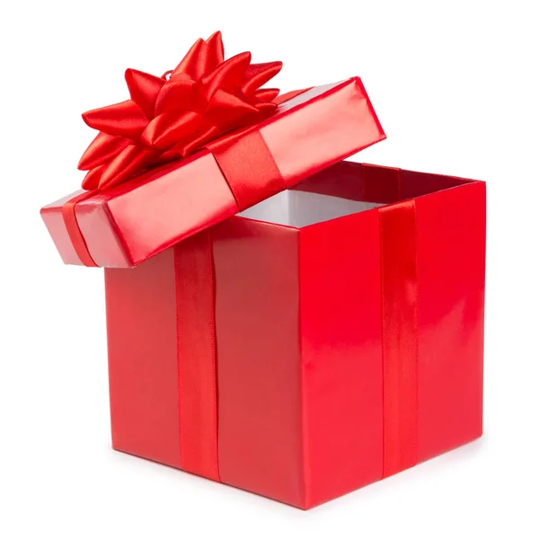 Відкрита червона подарункова коробка зі стрічкою ізольована на білому тлі — стокове фото