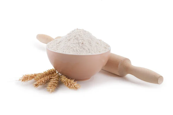 Flour and spikes isolated on white background — Stock Photo, Image