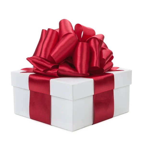 White gift box with a red bow isolated on white background — Stock Photo, Image