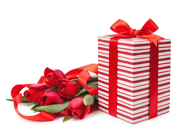 Boxes with red ribbons and a bouquet of tulips isolated — Stock Photo, Image