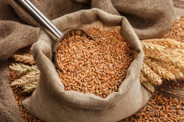 Пшеничное зерно в мешках и пшеничные уши на столе — стоковое фото