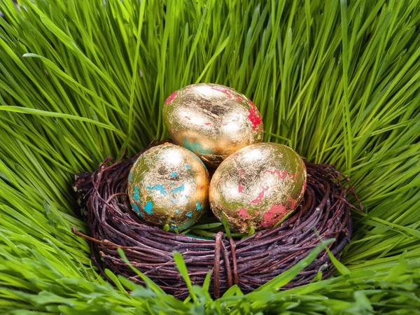 Golden Easter eggs in the nest on green grass of spring. — Stock Photo, Image