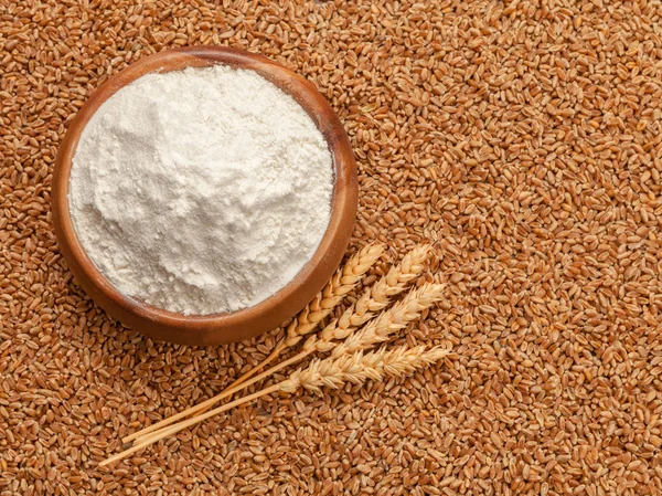 Flour in bowl and grains of wheat. — Stock Photo, Image