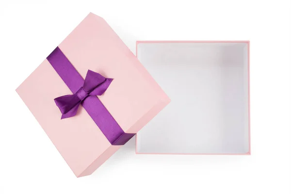 Abra Caixa Rosa Com Arco Vista Superior Isolado — Fotografia de Stock