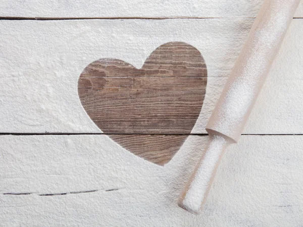 Heart Flour Table Old Boards — Stock Photo, Image