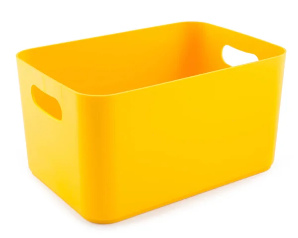 Κίτρινες πλαστικό εμπορευματοκιβώτιο που απομονώνονται σε λευκό φόντο — Φωτογραφία Αρχείου