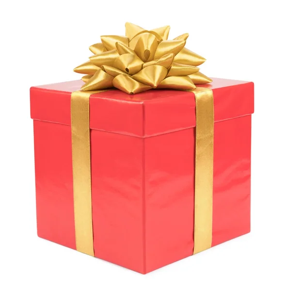 Gift Red Box Gold Ribbon Isolated White Background — Stock Photo, Image