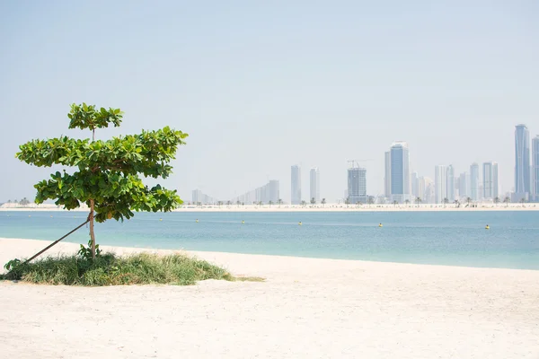 Dubai plaj beyaz kum ve gökdelenler bir görünümünü