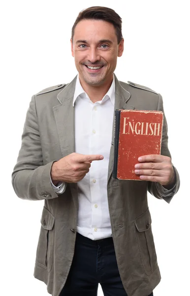 Professor de inglês detém Dicionário — Fotografia de Stock
