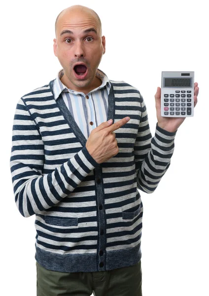 Verbaasd kale kerel met calculator — Stockfoto