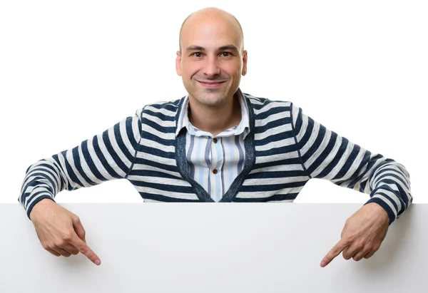 Portrait of happy man with blank advertising board — Stock Photo, Image