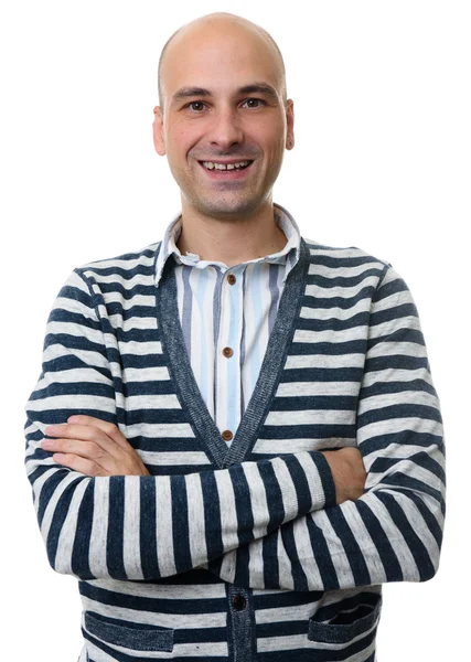 Bonito careca homem sorrindo vestindo casaco de lã — Fotografia de Stock