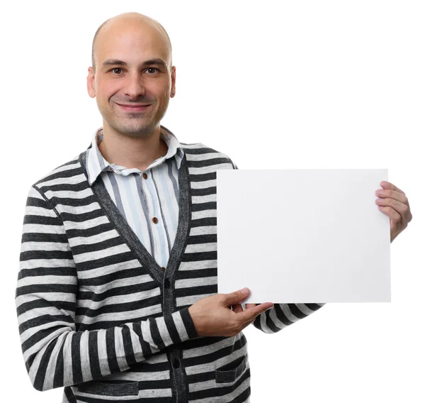Uśmiechający się facet trzyma puste afisz — Zdjęcie stockowe