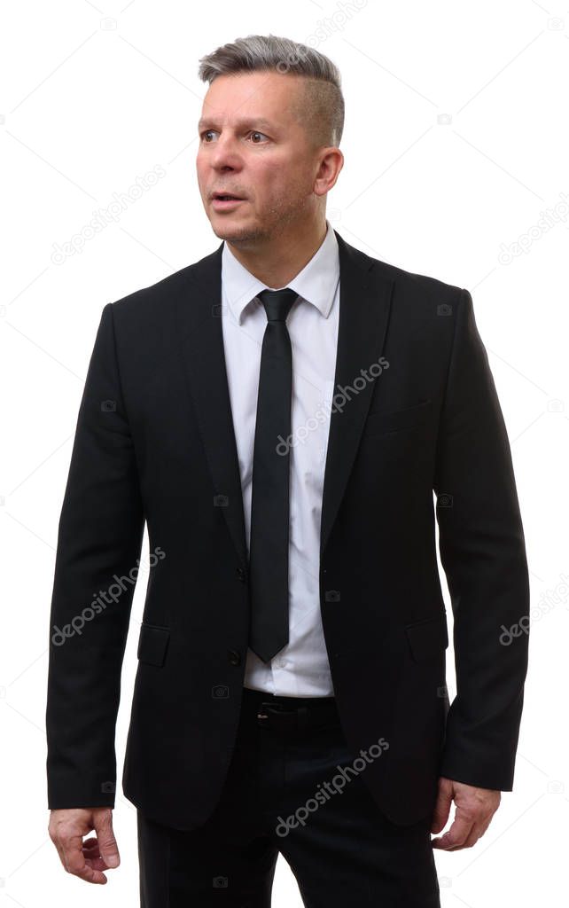 Shocked middle aged businessman isolated