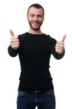 Işınlama gülümseme başparmak göstermek yukarıya ile adam