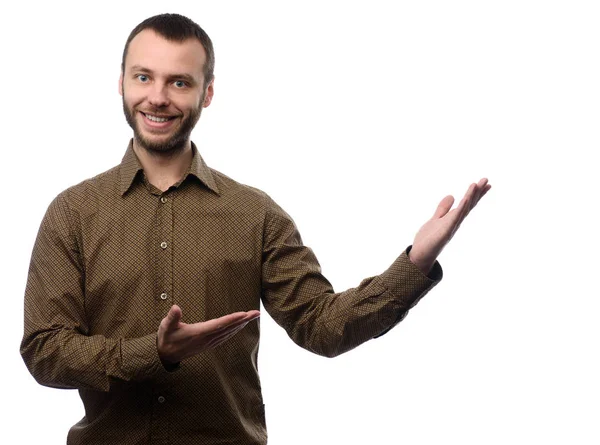 Sonriente hombre señala con los dedos para copiar el espacio —  Fotos de Stock