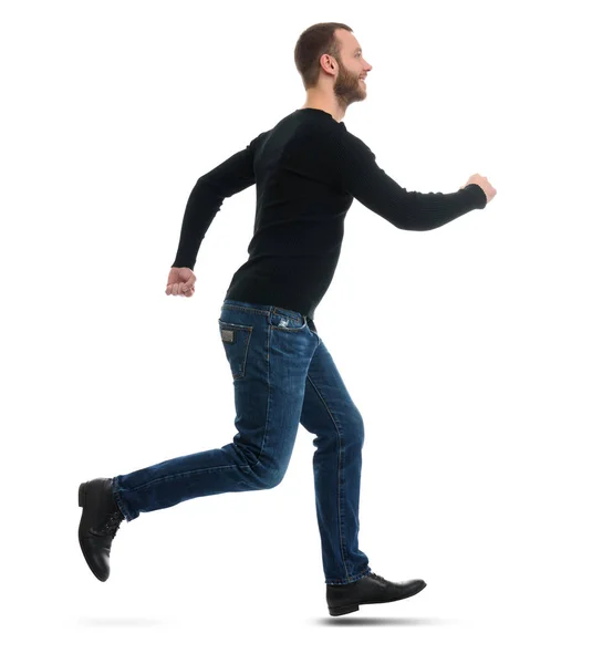 Retrato de cuerpo entero de un chico barbudo sonriente corriendo — Foto de Stock