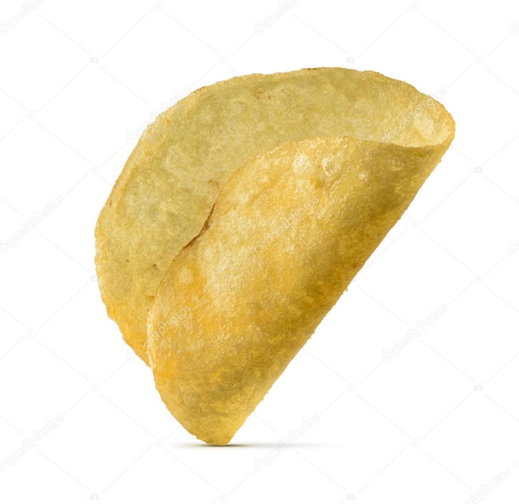 Single potato chip on white background