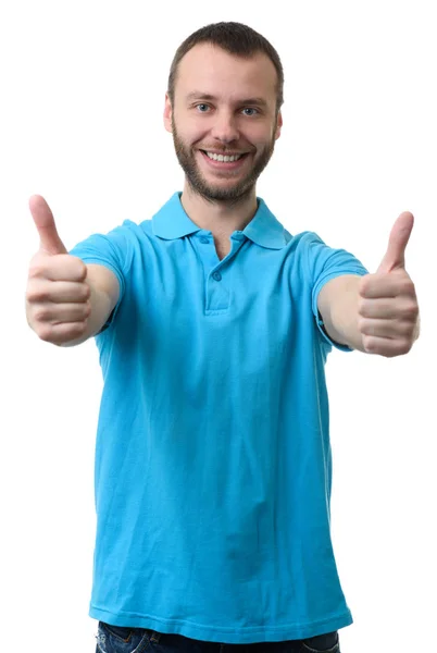 Χαμογελώντας γενειοφόρος άνδρας παρουσιάζει τους αντίχειρές του — Φωτογραφία Αρχείου