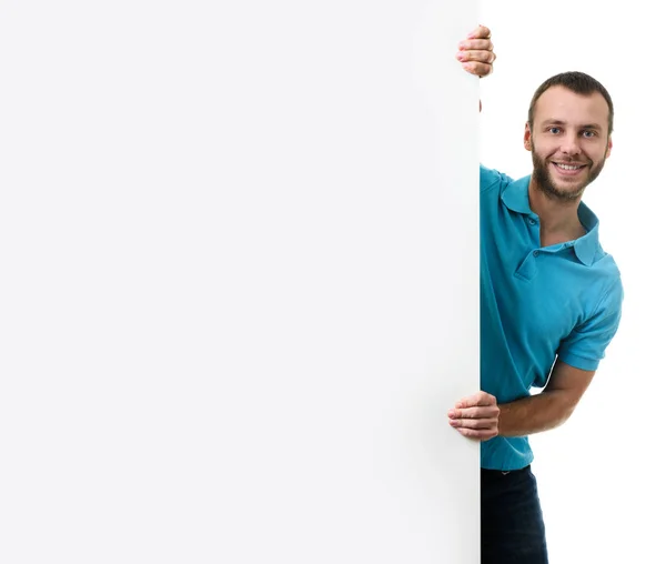 Happy casual bearded man with a banner — Stock Photo, Image
