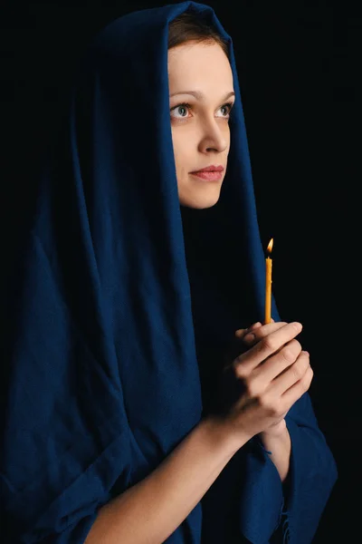 Woman praying with hands together on black background — Stock Photo, Image