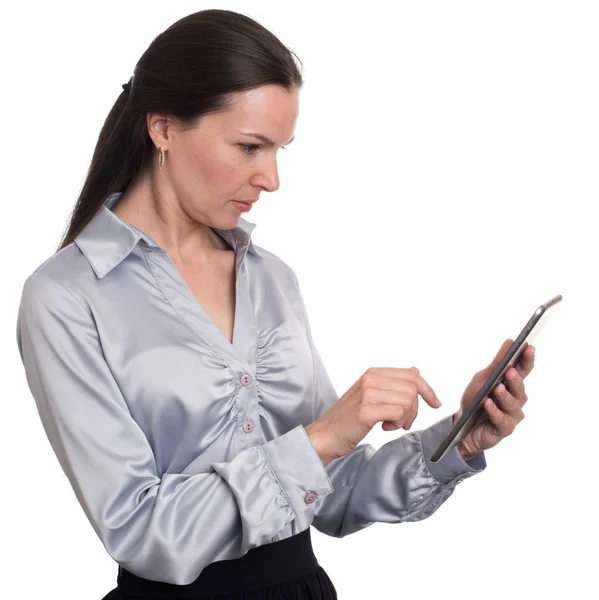 Serious woman with tablet computer — Stock Photo, Image