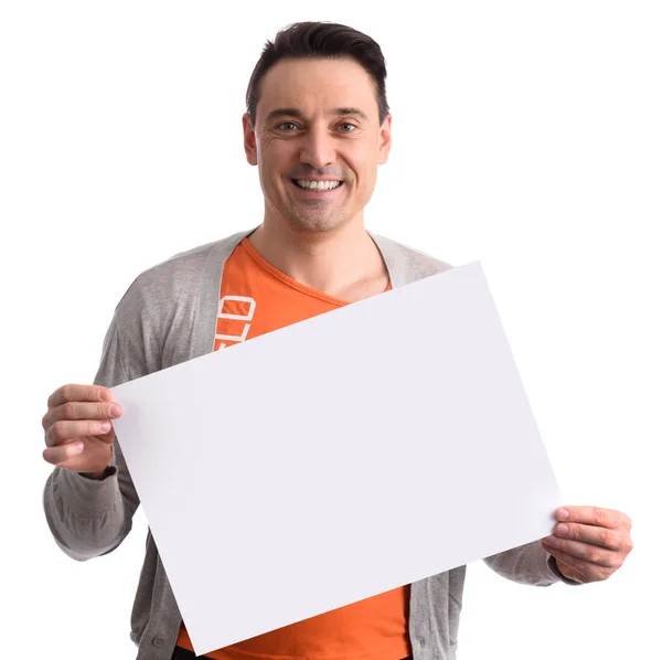 Muž drží bílé prázdné cedulky — Stock fotografie