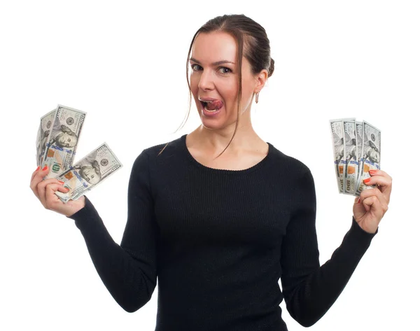 Счастливая женщина держит немного денег — стоковое фото
