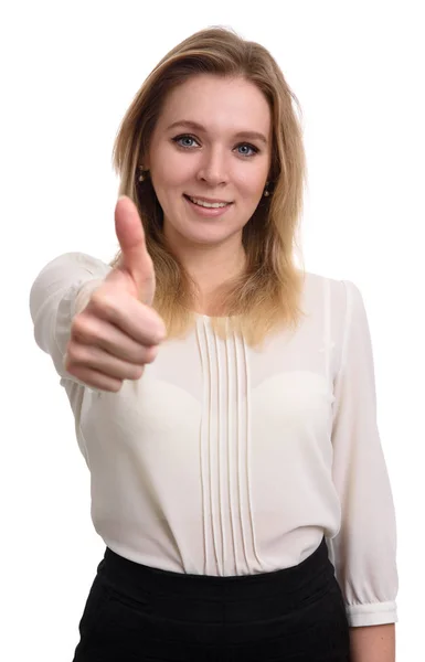 Усміхнена молода жінка показує свої великі пальці вгору — стокове фото