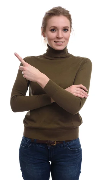 Mujer señalando con el dedo para copiar espacio — Foto de Stock