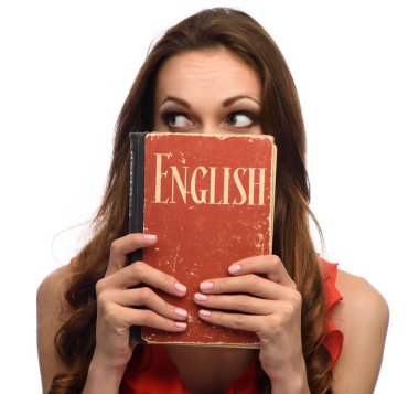 young girl show an English textbook