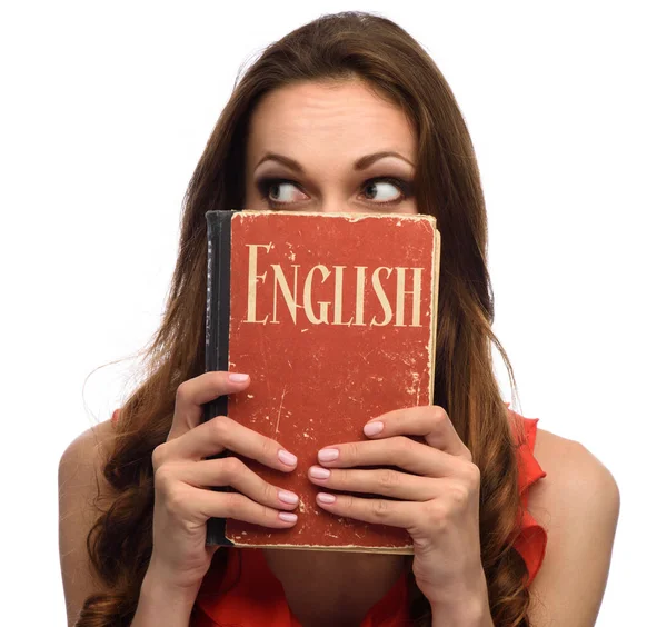 Ragazza mostra un libro di testo inglese — Foto Stock