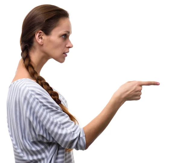Woman wijzend haar vinger in de zijkant — Stockfoto