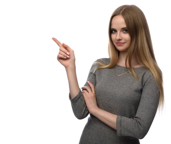 Chica bonita señalando el dedo para copiar el espacio — Foto de Stock
