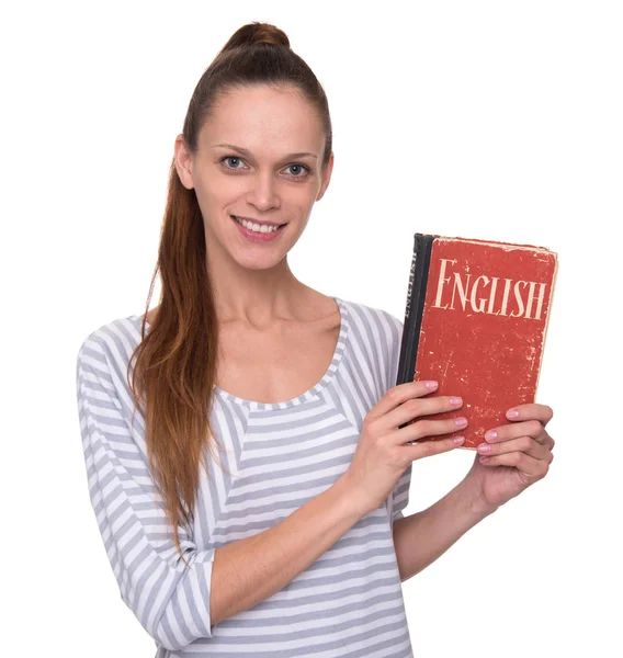 Μαθήματα αγγλικών έννοια. Όμορφο κορίτσι που κρατά ένα βιβλίο. — Φωτογραφία Αρχείου