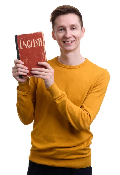 Περιστασιακή άνθρωπος κρατά ένα βιβλίο. εκμάθηση της αγγλικής γλώσσας — Φωτογραφία Αρχείου