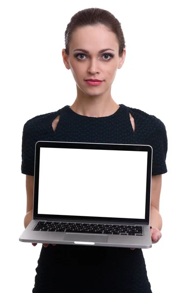 Woman showing a blank screen of laptop — Stock Photo, Image