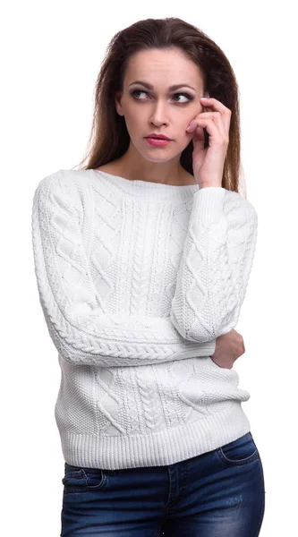 Mujer bonita en suéter pensando. Aislado —  Fotos de Stock