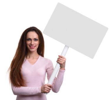 casual pretty girl holds a blank placard clipart