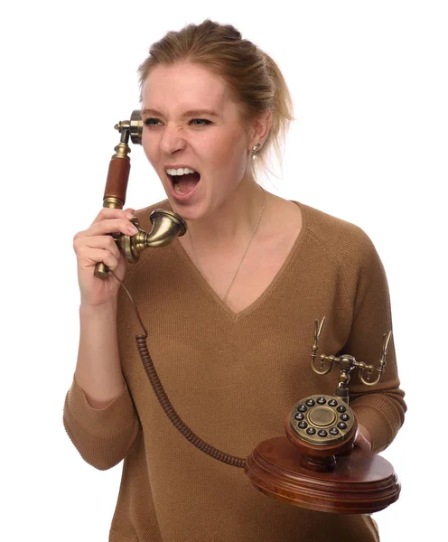 Boze vrouw aan de telefoon geïsoleerd — Stockfoto