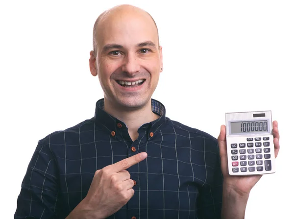 Smiling bald man calculating — Stock Photo, Image