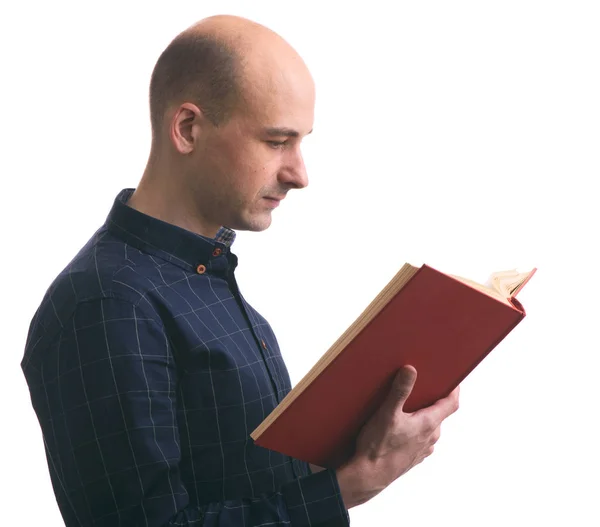 Careca cara lendo um livro isolado — Fotografia de Stock