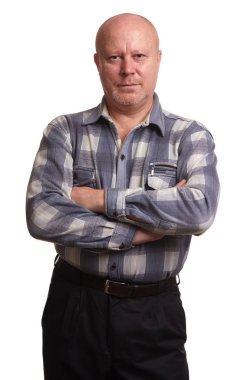 yaşlı kel adam elleriyle izole katlanmış