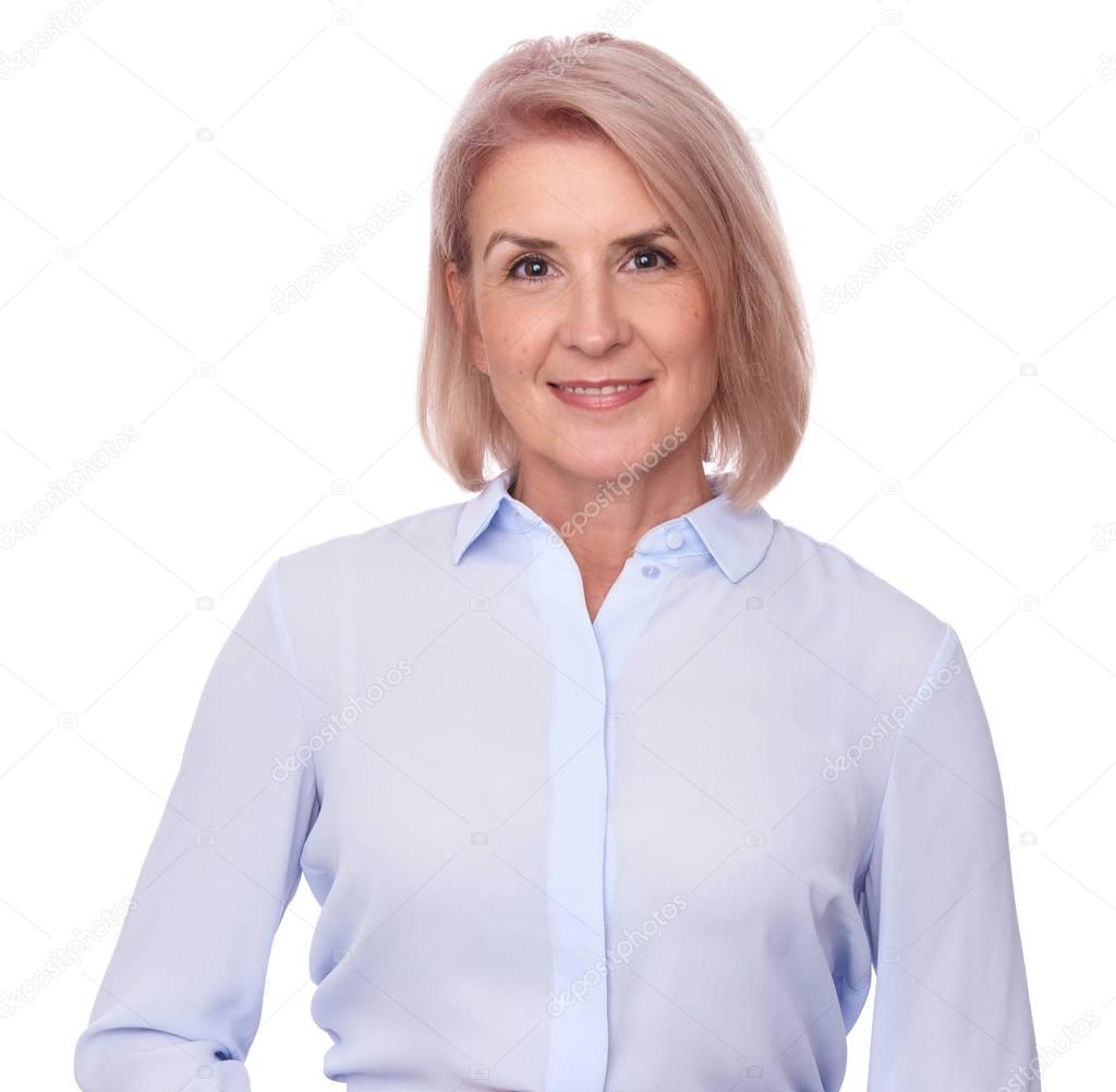 senior woman in blue shirt