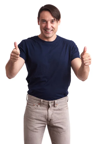 Handsome man shows thumbs up. Isolated — Stock Photo, Image