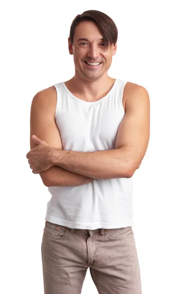 Sorridente muscular bonito homem isolado — Fotografia de Stock