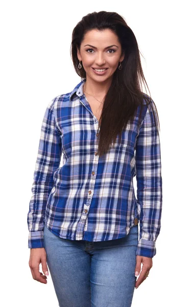 Uśmiechnięte dziewczyny brunetka dorywczo koszulkę — Zdjęcie stockowe